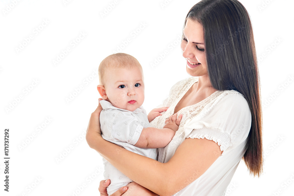 Pretty mother playing with her baby isolated on white background Pretty mother playing with her baby isolated on white background