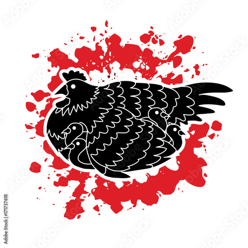 Hen with chicken designed on splatter color background graphic vector