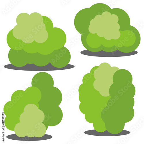 Set of four different cartoon green bushes isolated on white background. Vector illustration
