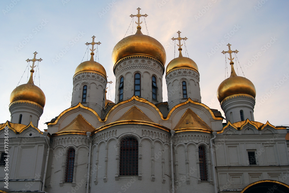 Annunciation church of Moscow Kremlin. Blue sky background.
