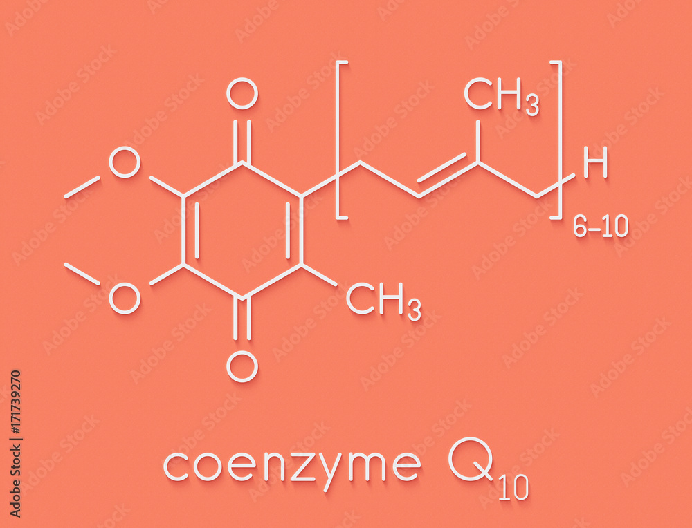 Coenzyme Q10 (ubiquinone, ubidecarenone, CoQ10) molecule, chemical
