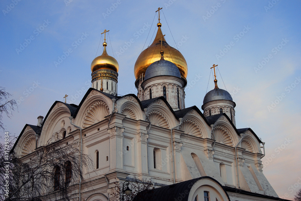 Archangels church of Moscow Kremlin. Blue sky background.