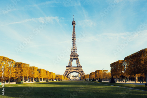 View on Paris and Eiffel tower with Blue sky with clouds in autumn at Paris, France..