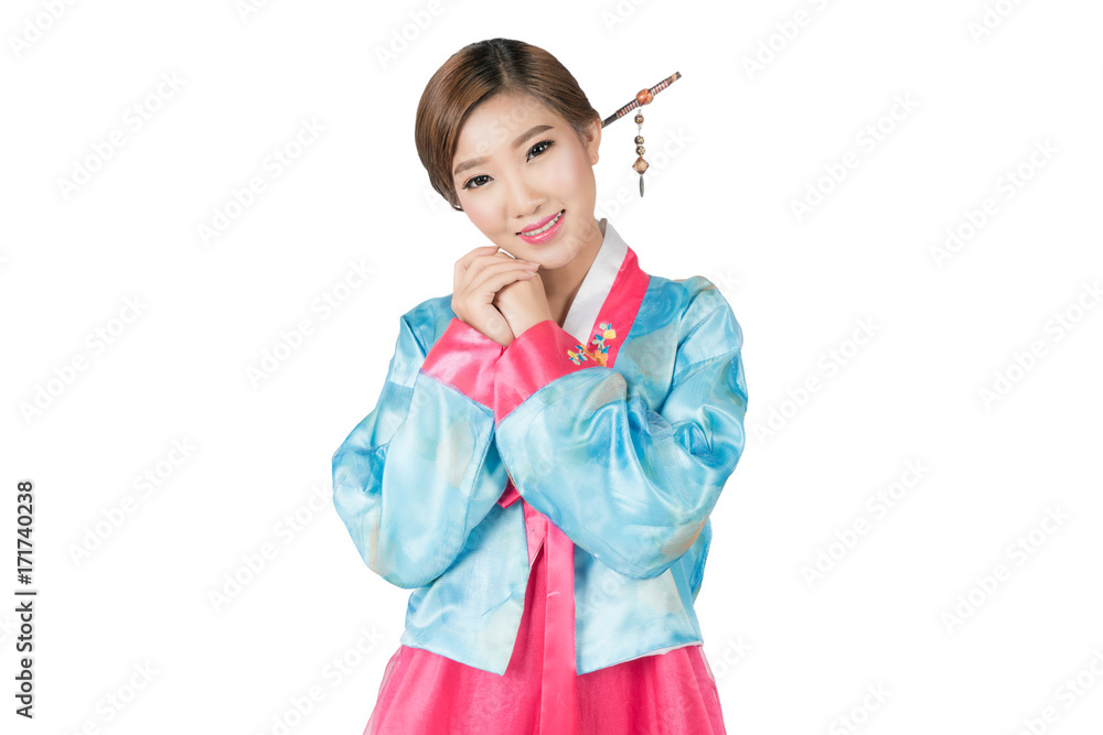 Korean Woman with Hanbok, the traditional Korean dress in white background with clipping path. Korean Woman with Hanbok, the traditional Korean dress in white background with clipping path.