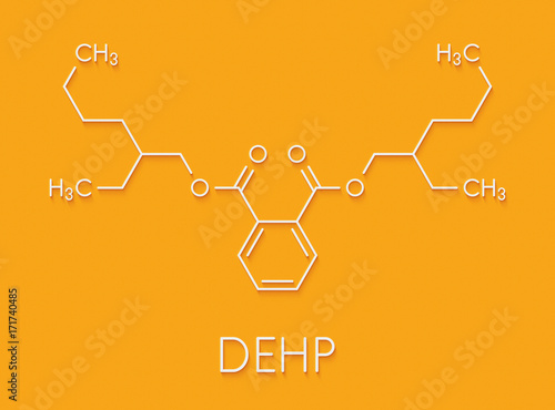 DEHP (Bis(2-ethylhexyl) phthalate, diethylhexyl phthalate, dioctyl phthalate, DOP) plasticizer molecule. Skeletal formula. photo