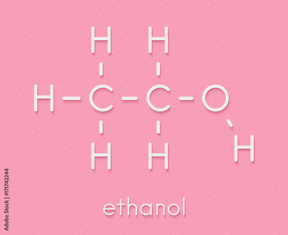 Alcohol (ethanol, ethyl alcohol) molecule, chemical structure. Skeletal