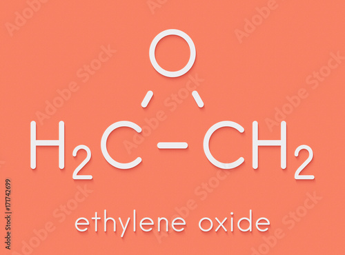 Ethylene oxide (oxirane) molecule. Uses include sterilization of medical devices and as a precursor of polymers. Skeletal formula.