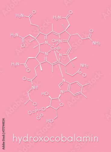 Hydroxocobalamin vitamin B12 molecule. Often given therapeutically in case of B12 deficiency. Skeletal formula. photo