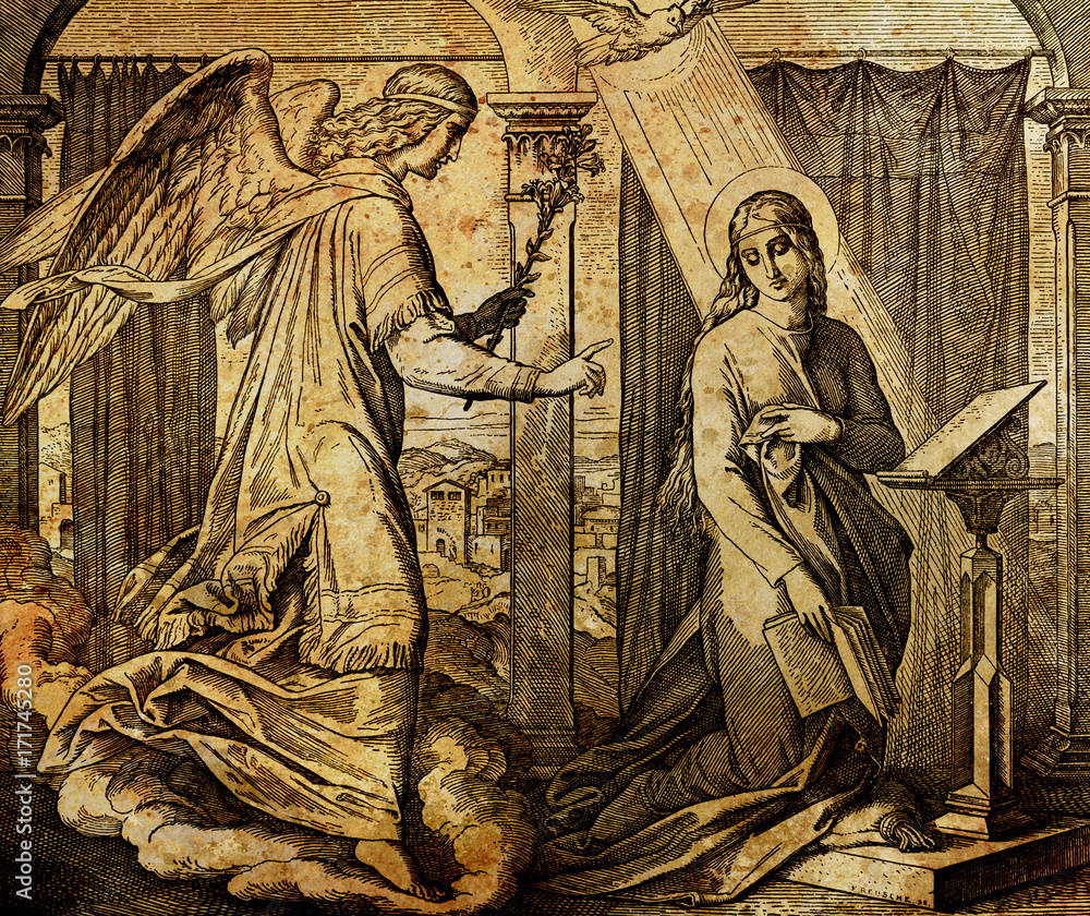 Naklejka premium The proclamation of Jesus´birth, archangel Gabriel speaks to virgin Mary, graphic collage from engraving of Nazareene School, published in The Holy Bible, St.Vojtech Publishing, Trnava, Slovakia