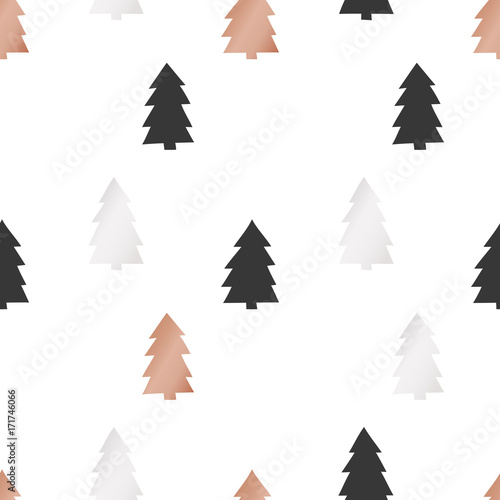 White Christmas and New Year's wrapping paper with Christmas trees of gold and bronze foil. Seamless vector pattern.