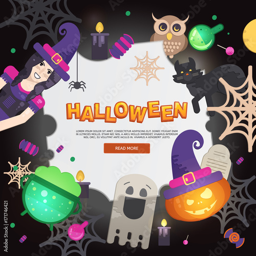 Flat Halloween Icons with Square Frame. Halloween Background. Trick or Treat creative concept. Orange Pumpkin and Spider Web, Witch Hat and Cauldron, owl and ghost.