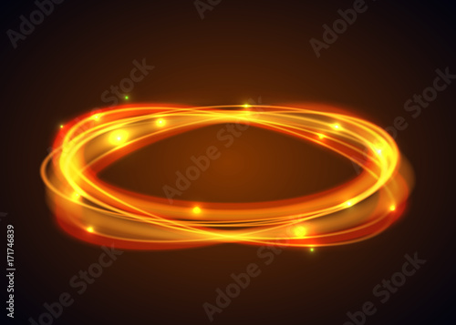 Vector magic gold circle. Glowing fire ring trace on black background. Ellipse line with flying sparkling flash lights.