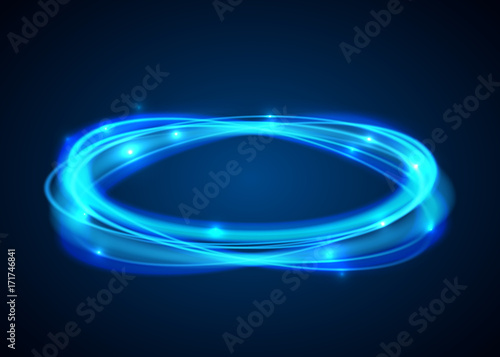 Vector magic blue circle. Glowing fire ring trace on black background. Ellipse line with flying sparkling flash lights.