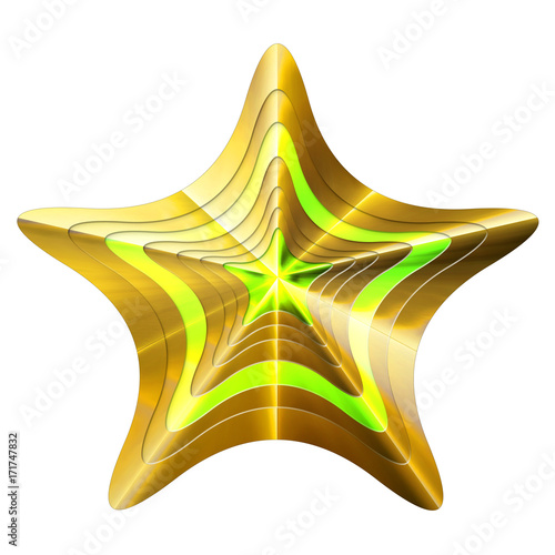 Golden Christmas Star isolated on white Background. Close-Up. 3D illustration.