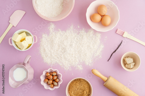 Billede på lærred Flatlay collection of tools and ingredients for home baking with Flour copyspace