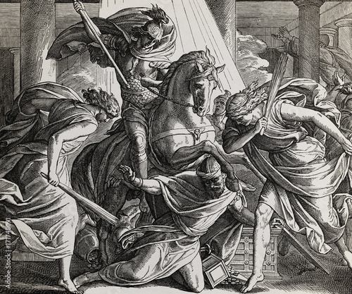 Fotografie heliodor fighting on a horse, graphic collage from engraving of Nazareene School, published in The Holy Bible, St