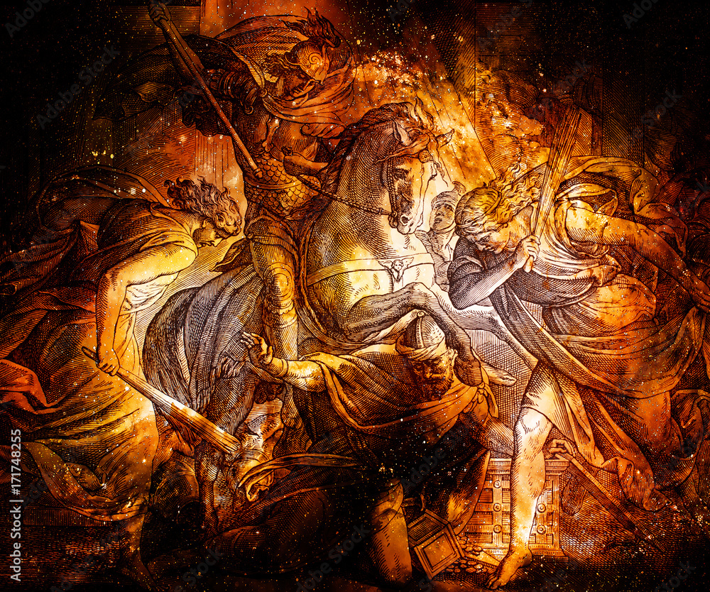 Naklejka premium heliodor fighting on a horse, graphic collage from engraving of Nazareene School, published in The Holy Bible, St.Vojtech Publishing, Trnava, Slovakia, 1937.