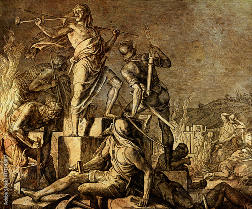 фотографія Recovering of town protective walls, graphic collage from engraving of Nazareene School, published in The Holy Bible, St