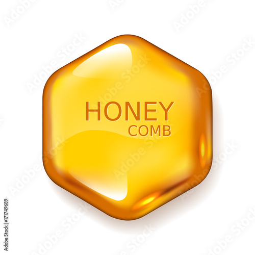 Realistic vector honey drop. Hexagon on white background