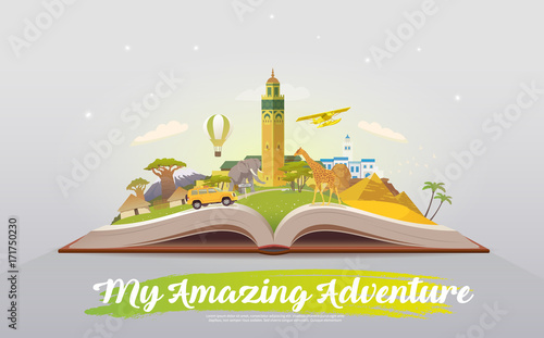Travel to Africa. Open book with landmarks.
