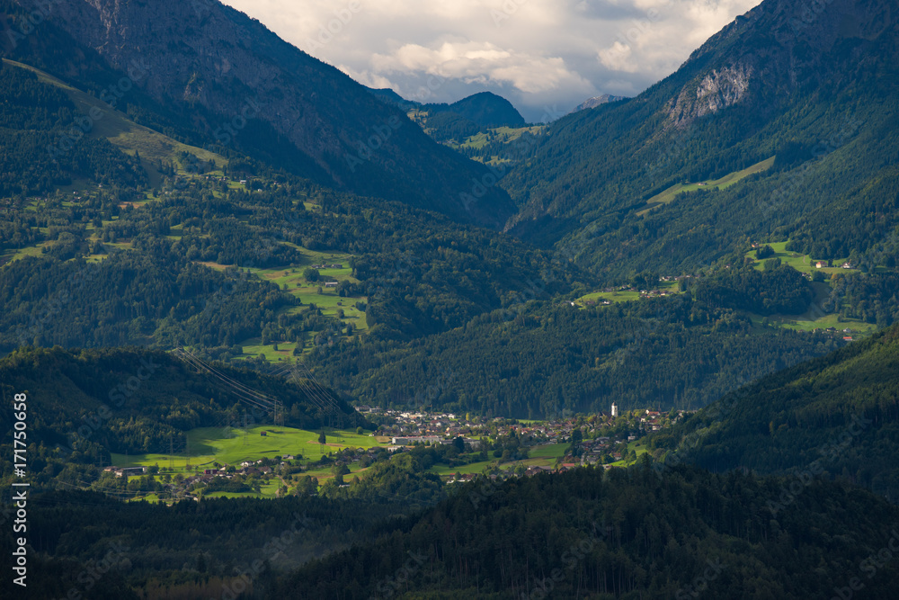 Oberes Rheintal mit Rankweil, Feldkirch, Ardetzenberg, Hoher Kasten, Säntis, Blick vom Viktorsberg (Vorarlberg)