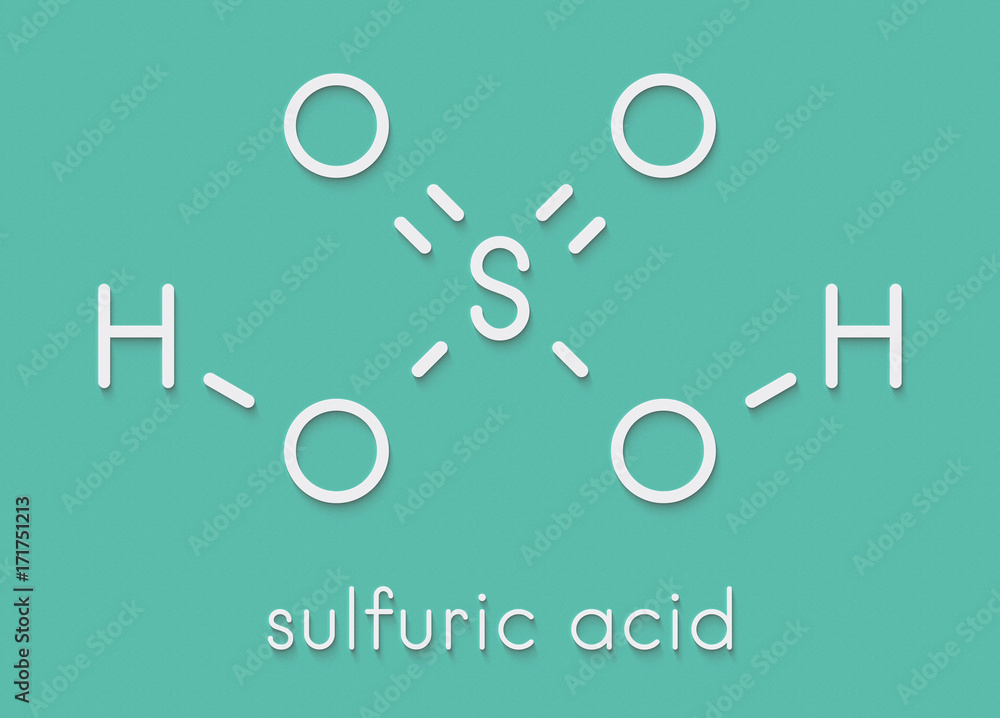 Sulfuric acid (H2SO4) strong mineral acid molecule. Skeletal formula