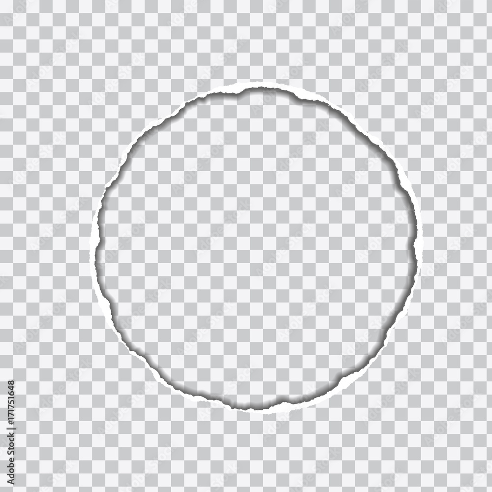 vector realistic illustration of transparent torn paper with shadow and circular shaped hole on transparent background