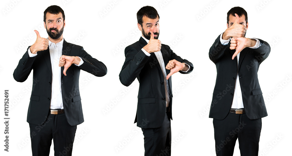 Set of Handsome businessman making good-bad sign Set of Handsome businessman making good-bad sign