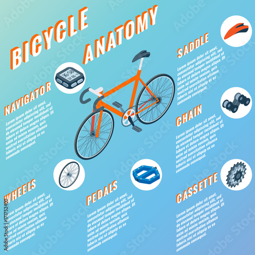 Bicycle anatomy concept infographic. Vector set of bicycle parts isolated isometric icons. Bicycle objects and design elements. Bike repair gears