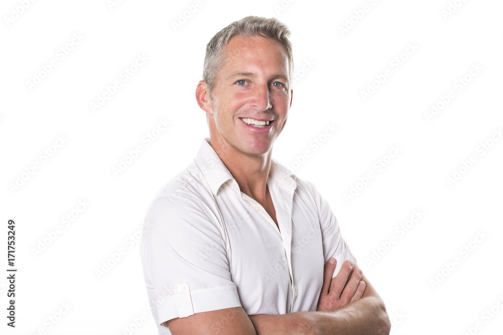 Portrait of confident mature man standing on white background - obrazy, fototapety, plakaty 