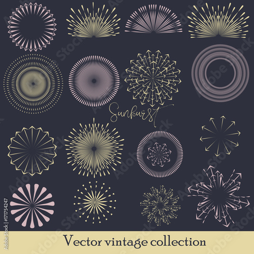 Hand drawn sunburst, vintage radial burst, abstract line sunshine vector coll...