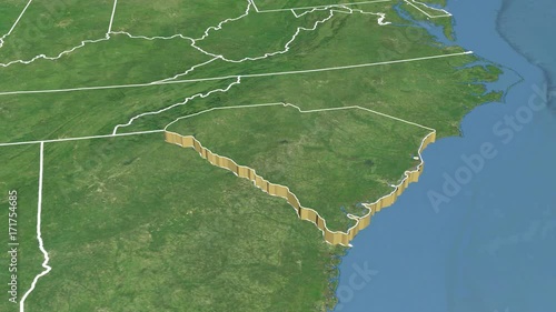 South Carolina state (USA) extruded on the satellite map of North America