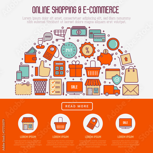 E-commerce, shopping concept in half circle with thin line icons: shopping cart, payment method, delivery, sale. Vector illustration for background of banner, web page, print media.