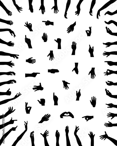 Silhouettes of hands in various positions on a white background