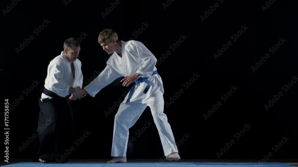 Martial Arts Master Wearing Hakamas Teaches Young Student Aikido