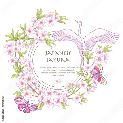 Illustrations with Japanese blossom pink sakura and birds with p