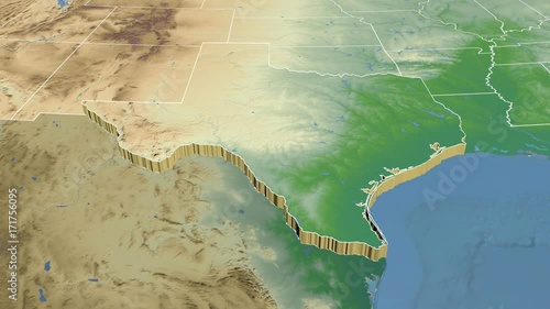 Texas state (USA) extruded on the physical map of North America