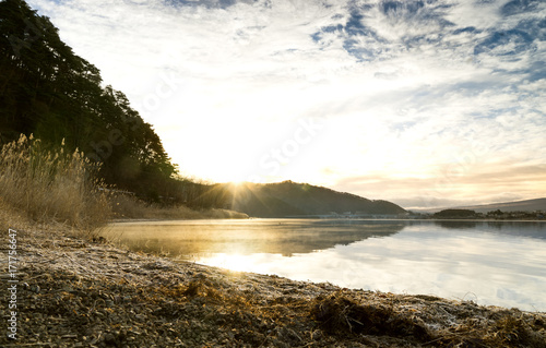 morning sunrise at kawaguchiko lake and fog