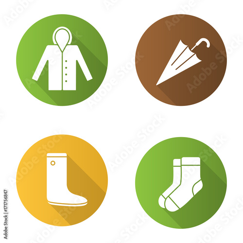 Autumn clothes flat design long shadow glyph icons set