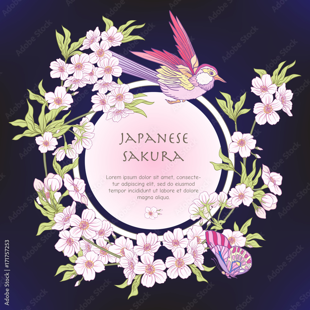 Illustrations with Japanese blossom pink sakura and birds with p