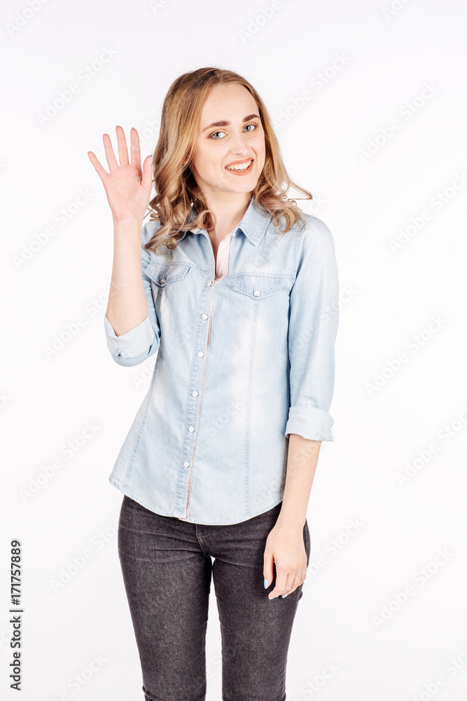woman with hand up voting gesture. isolated on white background woman with hand up voting gesture. isolated on white background