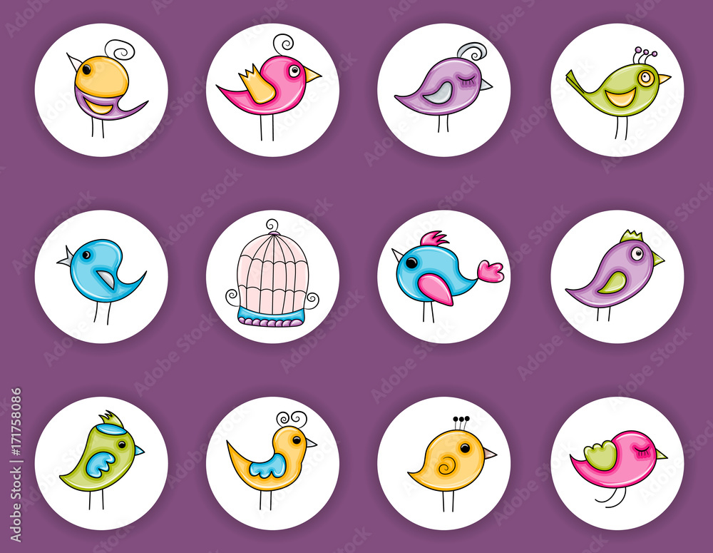 Birds icons summer or spring concept cartoon doodles sticker design. Hand drawn colorful vector illustration collection. Birds icons summer or spring concept cartoon doodles sticker design. Hand drawn colorful vector illustration collection.