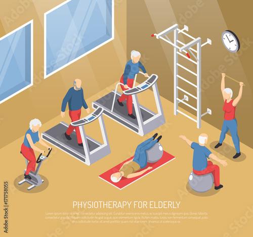 Physiotherapy For Elderly Isometric Vector Illustration