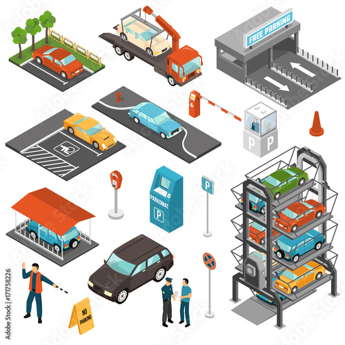 Isometric Car Parking Icon Set