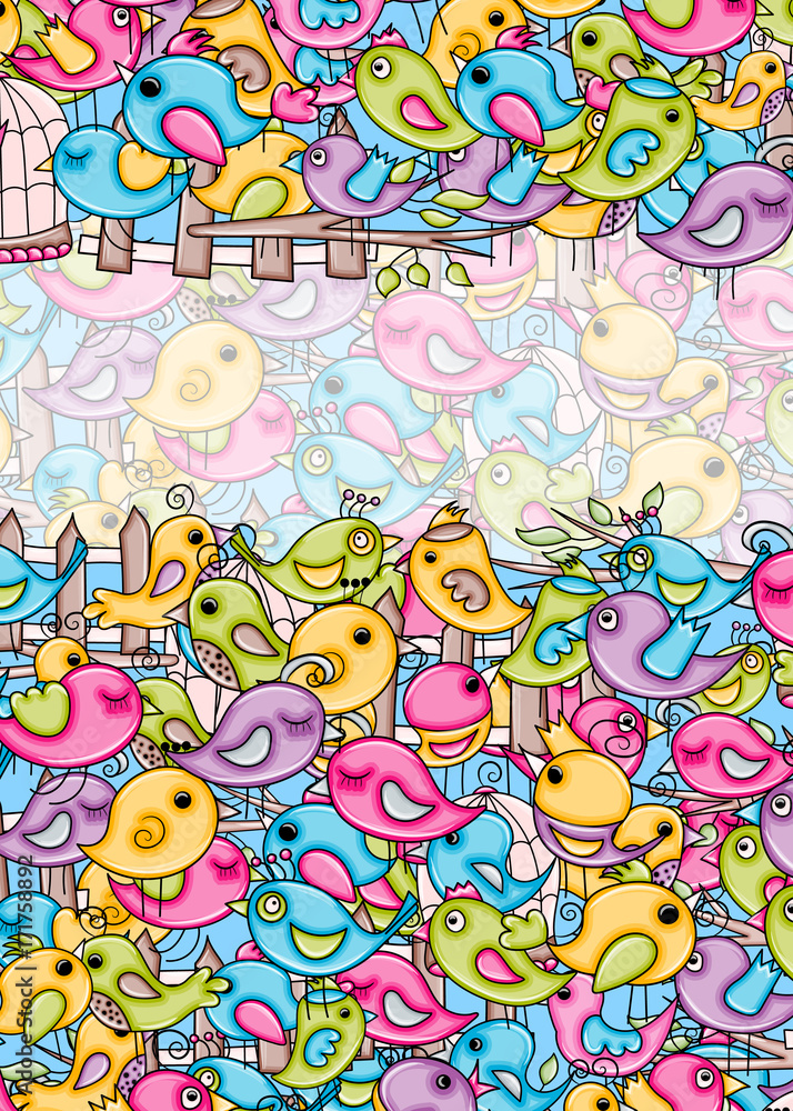 Birds summer or spring concept. 3d cartoon doodles background design. Hand drawn colorful vector illustration. Birds summer or spring concept. 3d cartoon doodles background design. Hand drawn colorful vector illustration.
