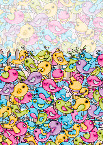 Birds summer or spring concept. 3d cartoon doodles background design. Hand drawn colorful vector illustration.