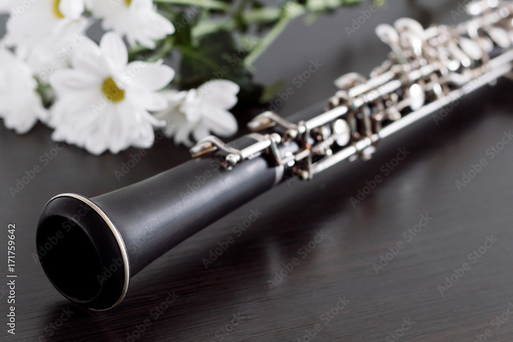 Fototapeta premium Musical background, poster - oboe on black background with flowers .