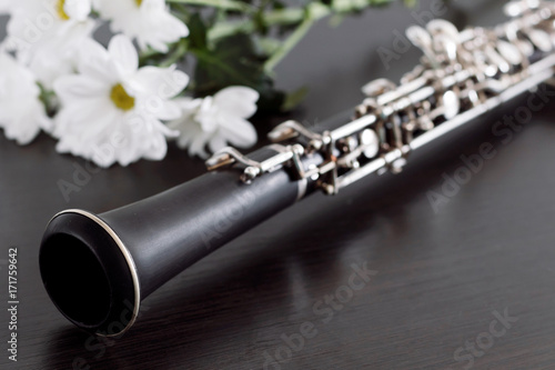 Musical background, poster - oboe on black background with flowers .