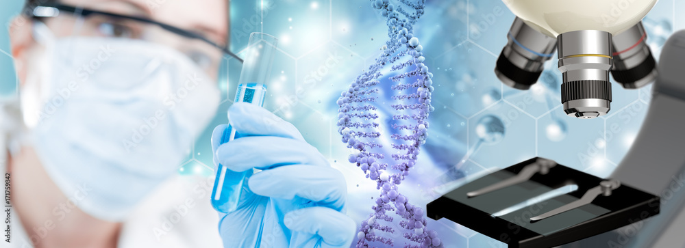 scientist, DNA helix and microscope in blue background - obrazy, fototapety, plakaty 