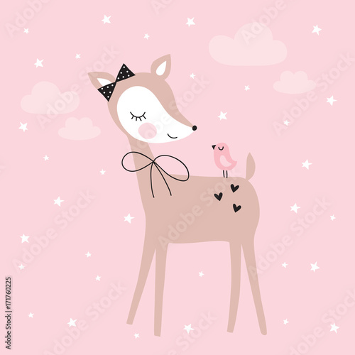pretty deer with bird vector illustration